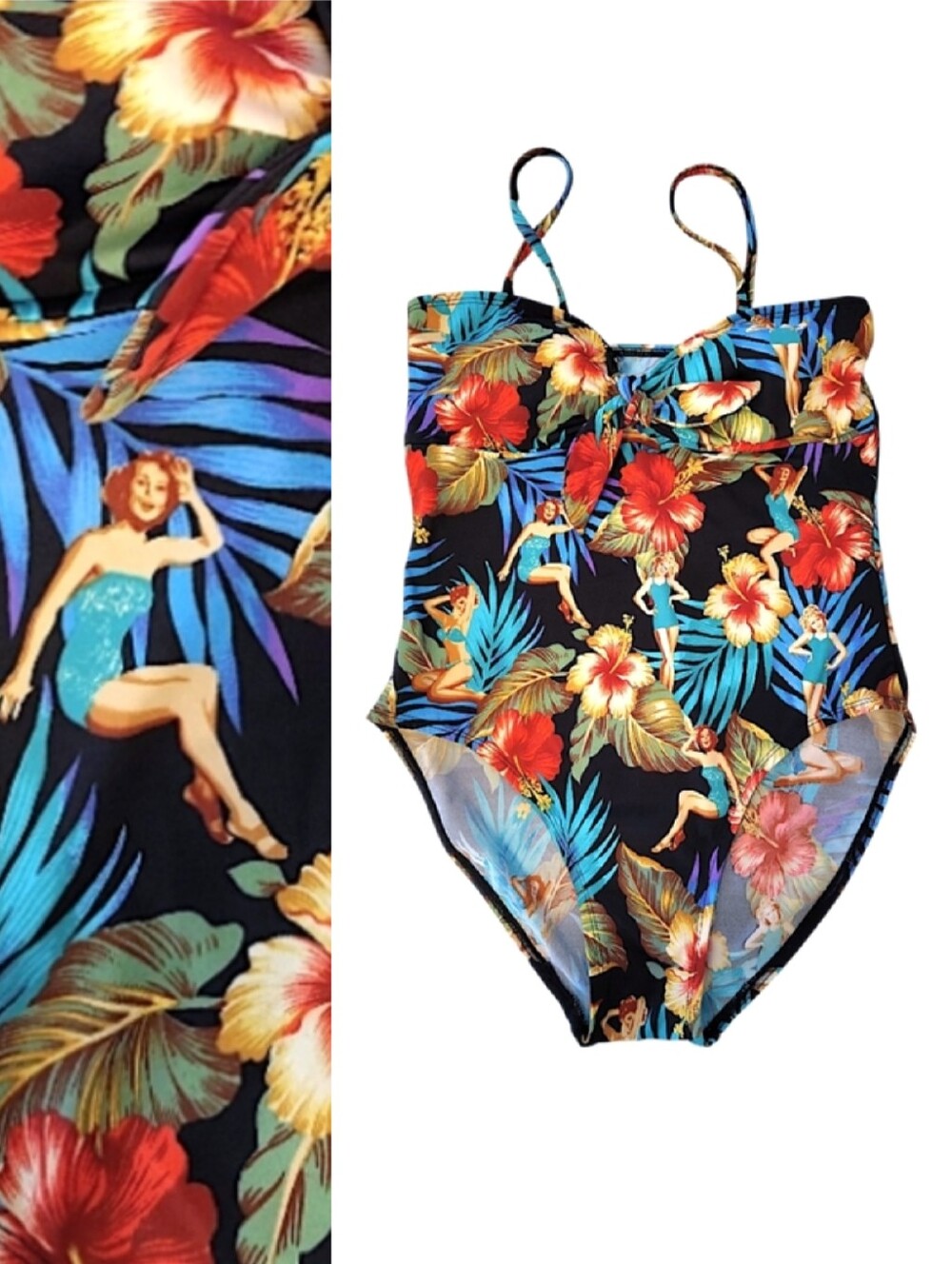 VTG Kathy Ireland Tropical Pin Up Print One Piece Swimsuit SZ 12 *Med Rockabilly